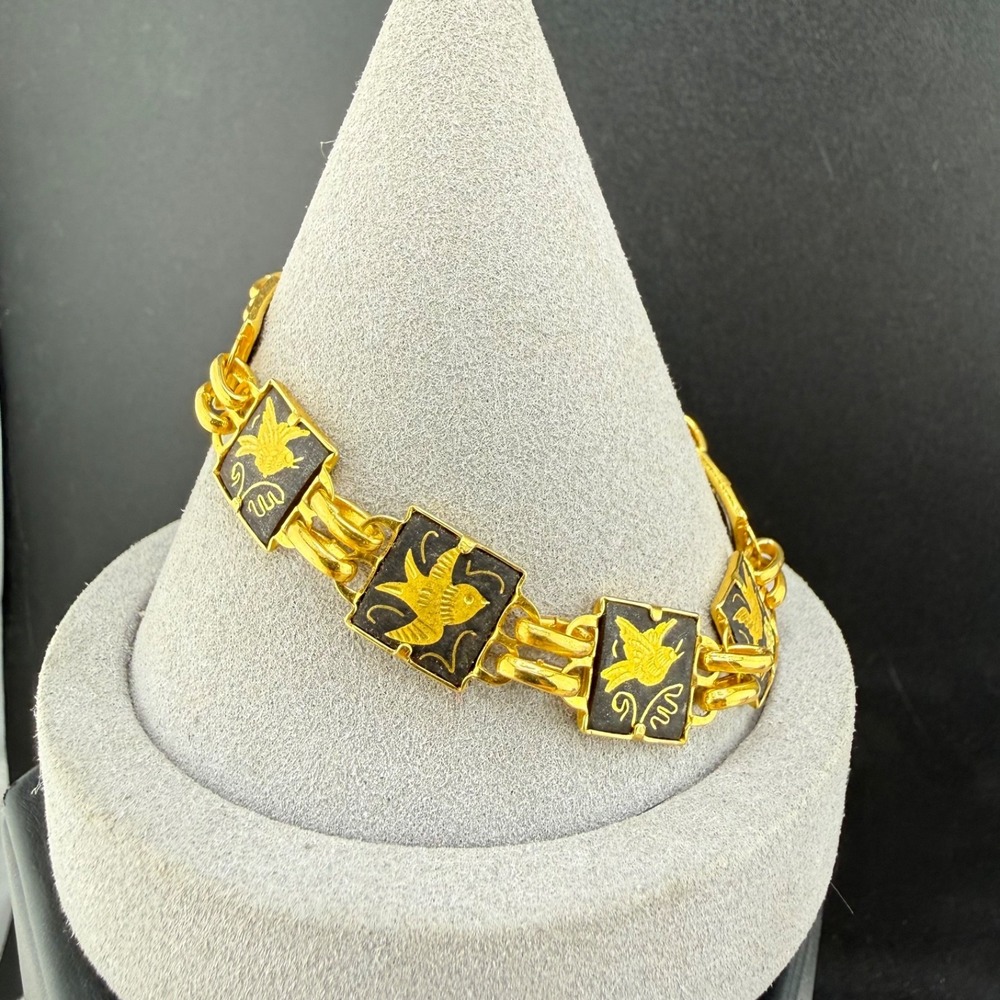 Vintage ‎ Damascene Bracelet Gold Tone Bird Flower 7.5"